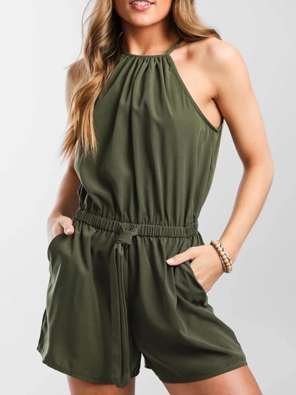 BeBop Olive Green Halter Romper with Tie Waist